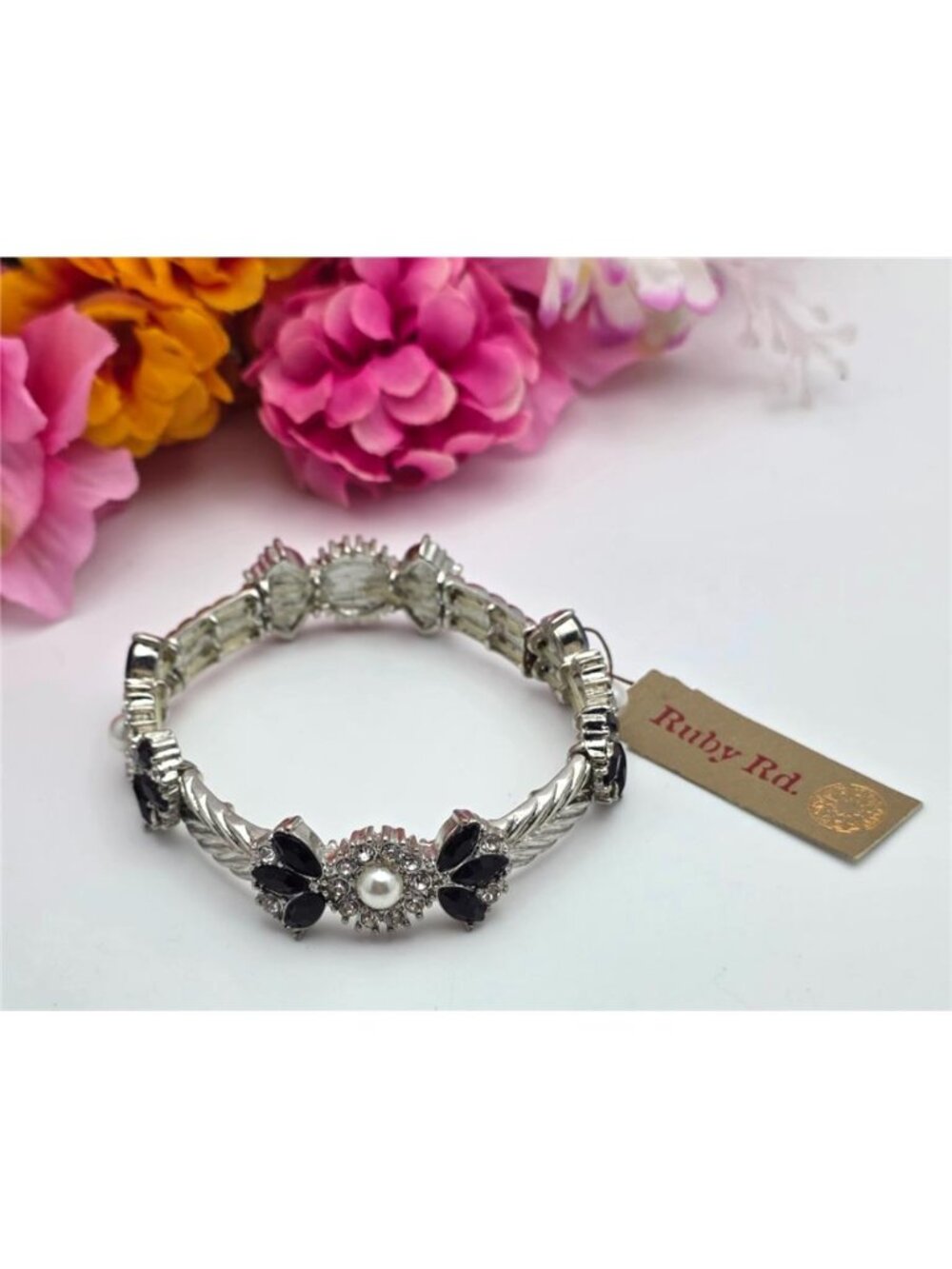 Ruby Rd. Stretch Bracelet Silver Tone Faux Pearl Black Clear Rhinestone 7.5 in
